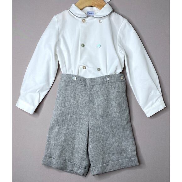 NWT Ancar Gray/White Long Sleeve Shirt & Button-On Shorts Set Boys 4 Yrs